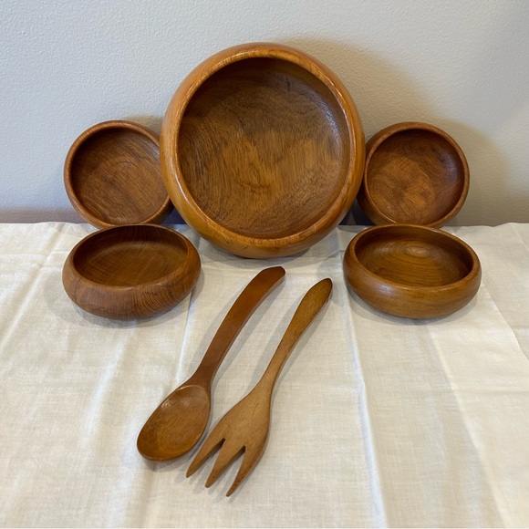 Mid Century Winsome Fine TeakWood Serving & Salad Bowls PLUS Servers 7 Pc Set - Picture 3 of 9